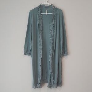 Tickled Teal's Lace Crochet Trim Open Robe, Cardigan, Boho, Athleisure, Cozy